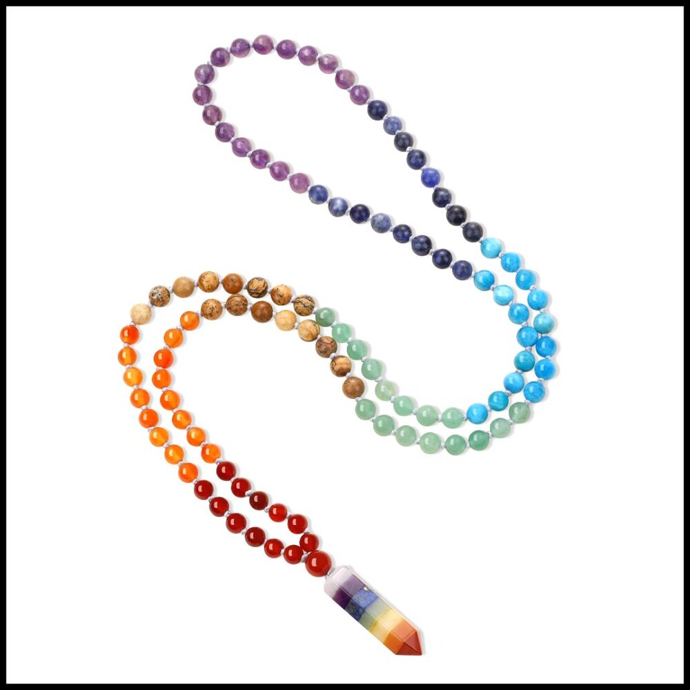 Handmade 108 Bead Mala Necklace 7 Chakra Stones Spiritual Elegant Boho